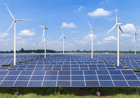 A field of solar panels and wind turbines taken on a sunny day